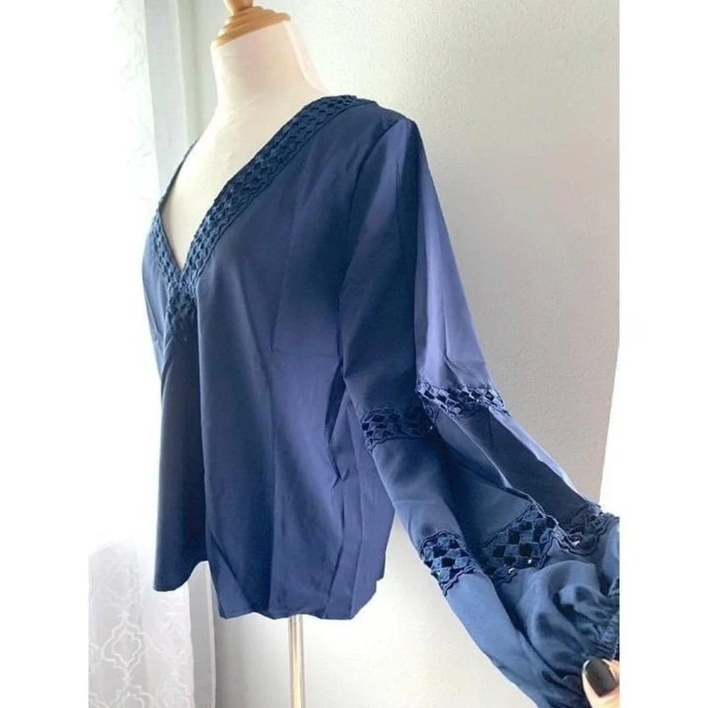 Navy Blue Crochet Lace V-Neck Long Sleeve Blouse Boho Top XL - Picture 3 of 8